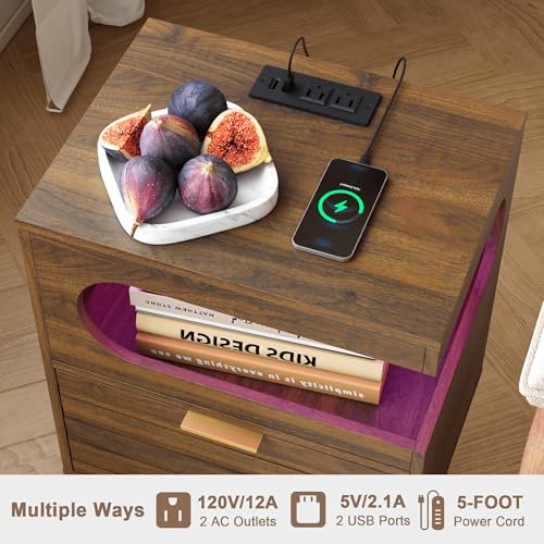 Veegle Nightstand,Modern Bedside Table with Storage Drawer and Open Wood Shelf, Accent Night Stand with Solid Wood Legs for Living Room, Bedroom and Small Spaces,Easy Assembly (Walnut Brown-1) - color: Walnut Brown-1
