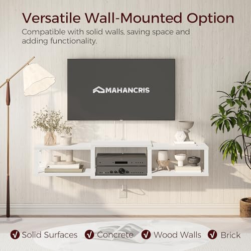 MAHANCRIS 43.7” Floating TV Stand with Power Outlet, Wall-Mounted Entertainment Center, Floating Metal Frame Media Console Shelf for Under TV Storage, for Living Room, Bedroom, White TVBW101E01 - color: White