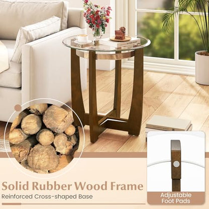 Giantex Round Glass End Table Set of 2, 24’’ Side Table with Tempered Glass Top, Nightstands with Cross & Solid Rubber Wood Base, Compact Bedside Night Stand for Bedroom Office Living Room (2, Walnut) - color: Walnut