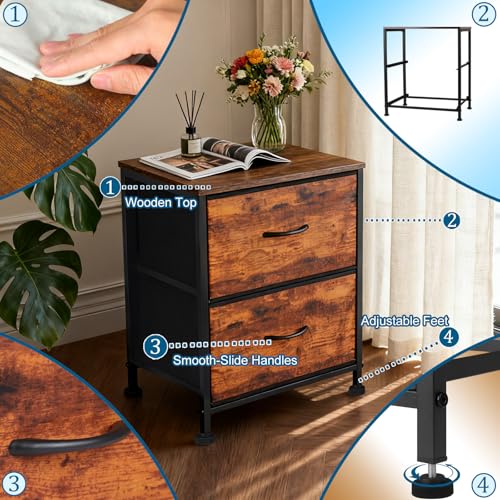 Nightstand with 2 Drawers, Beside End Table with Wooden Top, Fabric Small Dresser Night Stand for Bedroom, Small Space Side Table, Entryway, Closet, College Dorm - color: Brown