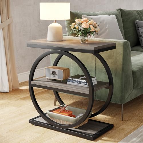 Tribesigns End Table, Narrow End Table with 3 Storage Shelves, Wood Side Table with Black Metal Frames, Industrial Small Sofa Side Table for Living Room, Grey Nightstand and Bedside Table for Bedroom - color: Grey and Black