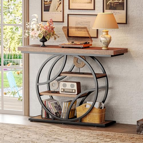 Huuger Modern Console Table, 41.3 Inch Sofa Table with Artistic Curved Metal Frame, Narrow Entryway Table for Hallway, Living Room, Behind Couch, Rustic Brown - color: Rustic Brown, size: 11.8"D x 41.3"W x 31.5"H