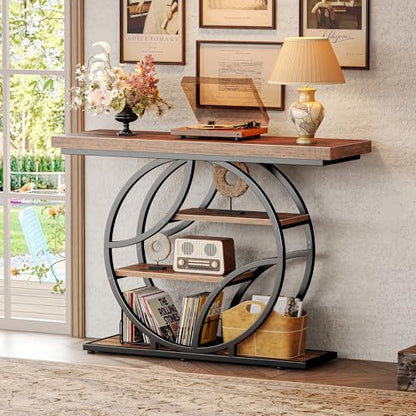 Huuger Modern Console Table, 41.3 Inch Sofa Table with Artistic Curved Metal Frame, Narrow Entryway Table for Hallway, Living Room, Behind Couch, Rustic Brown - color: Rustic Brown, size: 11.8"D x 41.3"W x 31.5"H