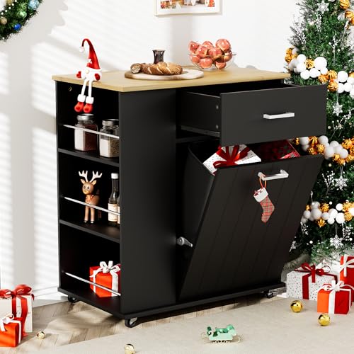 HQZX Rolling Kitchen Island with Trash Can Storage, Portable Kitchen Island on Wheels with Towel Rack & Spice Rack, Tilt Out Trash Can Cabinet with Drawer, Mobile Island Cart (Black) - color: Black