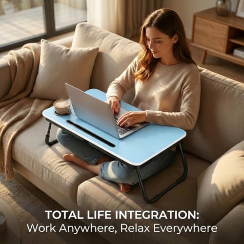 BUYIFY 23.4" Foldable Lap Desk Bed Table with Cup Holder Portable Tray | Folds Flat for Easy Storage, No Assembly Laptop Bed Desk, Sturdy and Lightweight, Patent Design, Blue - color: Blue