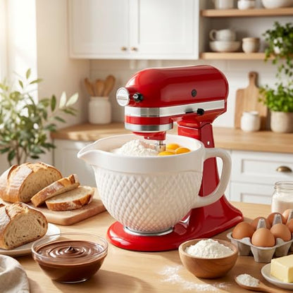 COFUN Ceramic Mixer Bowl for KitchenAid 4.5-5 Qt Tilt-Head Stand Mixers | Mixing Bowl with Handle & Pour Spout, Oven/Microwave/Dishwasher Safe - color: Whier-Ceramic