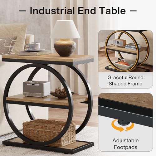 Tribesigns Side End Table with 3 Storage Shelves, Industrial Sofa Table with Round Metal Frame for Living Room, Engineered Wood Nightstand for Bedroom, Oak - color: Oak