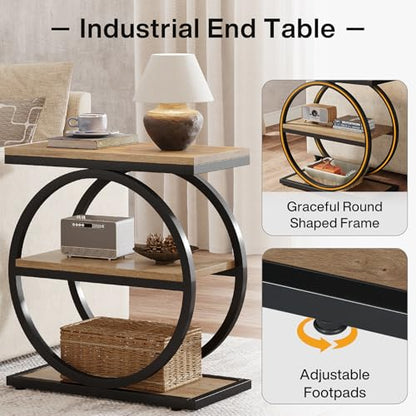 Tribesigns Side End Table with 3 Storage Shelves, Industrial Sofa Table with Round Metal Frame for Living Room, Engineered Wood Nightstand for Bedroom, Oak - color: Oak