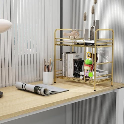 Desktop Shelf Organizer, 2 Tier k Organizer Storage Rack and Frees Up The Space of The Desk, Small Metal Bookshelf with Bunk Bed Design for Dormitory, Home, Office