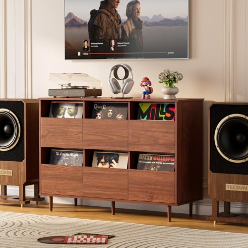 BROTTAR 47.2" Large Record Player Stand, 7“/10"/12" Vinyl Record Storage Cabinet, Mid Century Turntable Stand, Vinyl Record Holder, Media Cabinet with DVD Drawers for Living Room, Music Corner, Brown