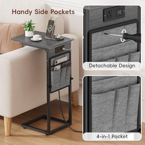 C-Shaped End Tables Set of 2 with Charging Station, 33'' Tall C Table Adjustable Height Side Table for Couch, Small Couch Table that Slide Under Sofa, TV Trays for Living Room, Gray Walnut - color: 2pc Gray Walnut, style: With Plug
