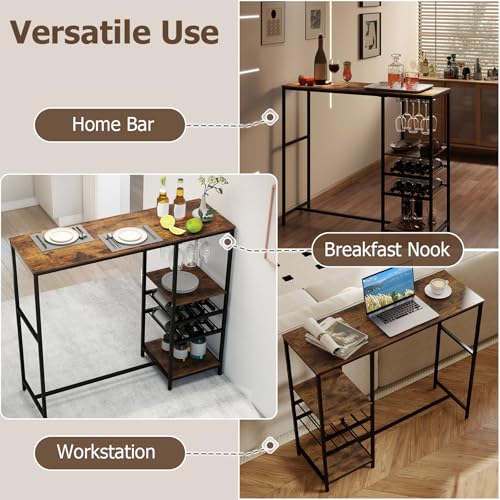 COSTWAY 48" Long Bar Table, Bar Height Dining Table with Storage Shelves, Wine Racks & Stemware Holders, Industrial Breakfast Table for Kitchen Living Room Behind Couch, Rustic Brown