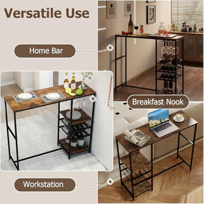 COSTWAY 48" Long Bar Table, Bar Height Dining Table with Storage Shelves, Wine Racks & Stemware Holders, Industrial Breakfast Table for Kitchen Living Room Behind Couch, Rustic Brown