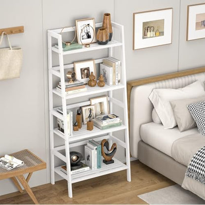 Homykic Ladder Shelf, 4-Tier Bamboo Ladder Bookshelf, 49.2” White Book Shelf, Open Bookcase Freestanding Plant Stand for Small Space, Bathroom, Living Room, Bedroom, Home Office - color: White