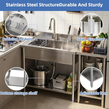 Stainless Steel Utility Sink, 38.4" Single Bowl Freestanding Laundry Sink with 360° Hot & Cold Water Faucet, Hoses & Drain Kit, Outdoor/Indoor Commercial Sink for Kitchens, Garage, Laundry Room - size: 38.4" x 22.6" x 35"