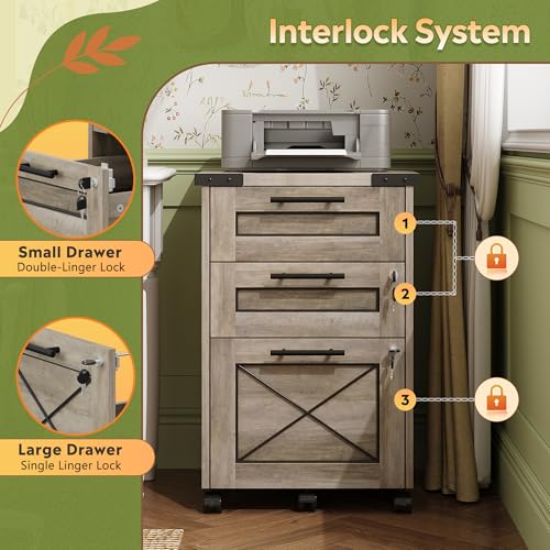 DEVAISE 3-Drawer File Cabinet with Hanging Files, Mobile Rolling Storage Cabinet for Home Office, Printer Stand, Farmhouse Style, Gray Oak - color: Gray Oak, style: 3 Drawer