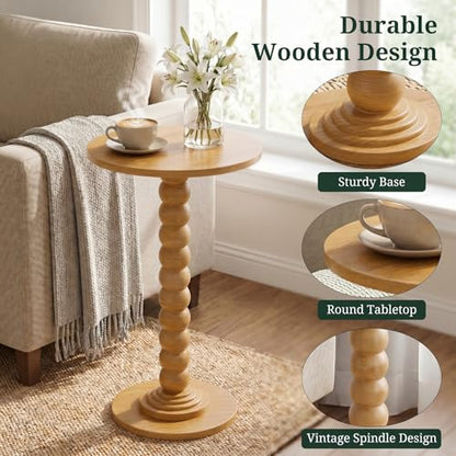 Round Side Table for Small Spaces, Modern Pedestal End Table with Solid Wood Spindle Leg, Small Drink Table Accent Nightstand for Living Room, Bedroom, Sofa Side, Apartment & Office, Wood - color: Wood