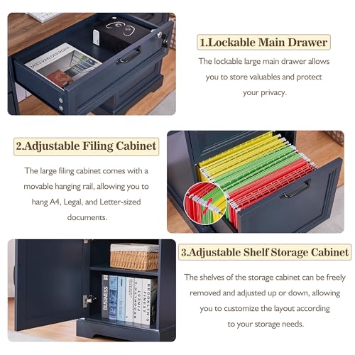 60" Farmhouse Executive Desk with Lock,Home Office Desk with Charging Station,Executive Desk with 4 Drawers & 1 Cabinet&1 File Cabinet for Office and Home - color: Blue