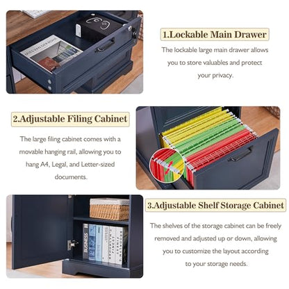 60" Farmhouse Executive Desk with Lock,Home Office Desk with Charging Station,Executive Desk with 4 Drawers & 1 Cabinet&1 File Cabinet for Office and Home - color: Blue