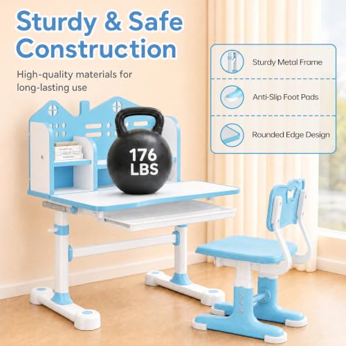Kids Desk and Chair Set, Height Adjustable Child's School Study Writing Tables, Kids Desk with Bookstand and Storage Drawer, Widened Desktop with Desktop for Boys and Girls (Blue-A-MAX) - color: Blue-a-max