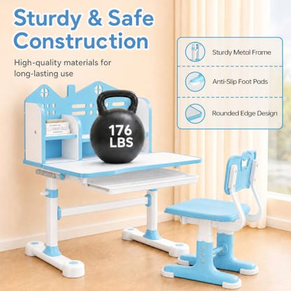 Kids Desk and Chair Set, Height Adjustable Child's School Study Writing Tables, Kids Desk with Bookstand and Storage Drawer, Widened Desktop with Desktop for Boys and Girls (Blue-A-MAX) - color: Blue-a-max