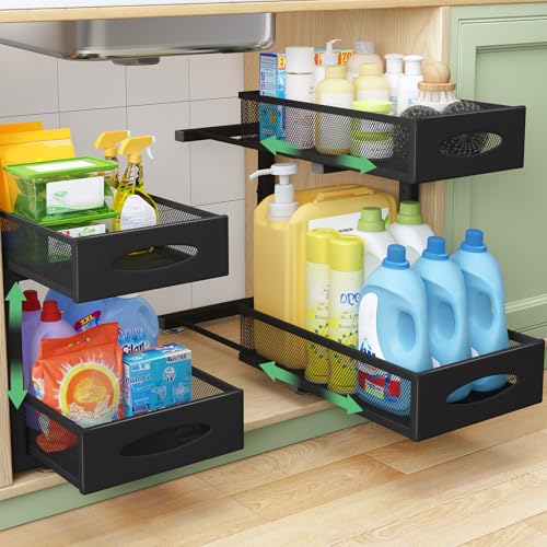 Under Sink Organizer, 2 Tier Pull out Cabinet Organizer Baskets with Mesh Sliding Drawers, Slide out Storage Shelf for Home, Kitchen, Bathroom, Pantry, Office Cabinet, Countertop(1 Pack) - color: Black, size: 1 Pack
