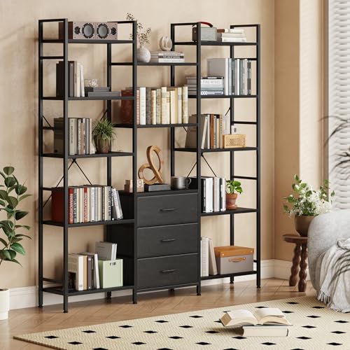 AFLUI Triple Bookshelf with 3 Fabric Drawers, 5-Tier Book Shelf and 10 Display Shelves, Industrial Large Bookcase for Home & Office, Black, 47'' Wide - color: Black, size: 5 Tier(47" W)