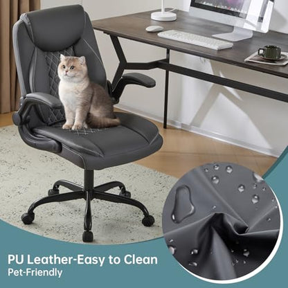 YFO Leather Office Chair, Ergonomic Home Office Desk Chair, Back Support Swivel Executive Office Chair with Wheels and Flip-Up Armrests, Small Gaming Chair with Adjustable Rocking Function, Grey - color: Grey