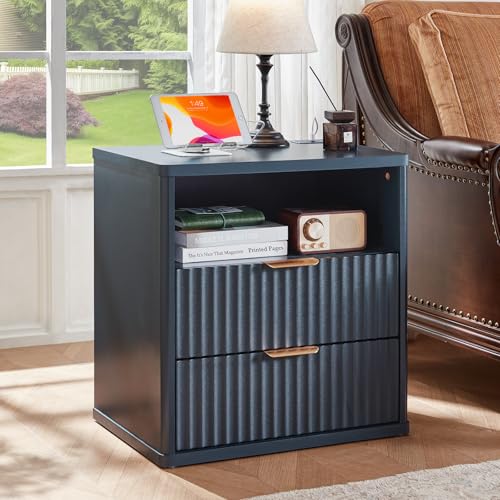 LEYAOYAO Fluted Nightstand with Charging Station, 23" Wide 2 Drawers End Table,Night Stand with Open Storage Cabinet, Farmhouse Bed Side Tables, Wood Dresser for Bedroom, Living Room, Closet, Blue - color: Navy Blue, size: 2 Drawers