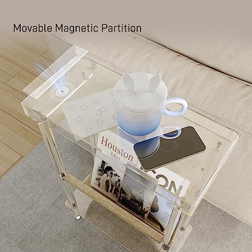 Eglaf Acrylic Narrow Side Table for Small Spaces - Slim End Table | Skinny Side Table with Magazine Holder, Small Bedside Table Nightstand for Living Room Bedroom, 15.7” L x 7” W x 23.9” H
