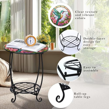 Cinnvoice Outdoor Side Table Round Small Mosaic Patio Accent Indoor End Plant Coffee Tea Table for Yard Patio Porch Garden Living Room, Bedroom(Hummingbird Style,18 Inch) - size: 18 Inch, style: Hummingbird Style
