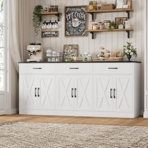 HOSTACK 71" W Kitchen Sideboard Buffet Cabinet with Storage, White/Black | Farmhouse Coffee Bar Cabinet with Wide Drawers, Large Buffet Table with Shelves, Long Kitchen Storage Cabinet for Dining Room - color: White/Black