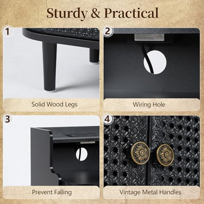 Storage End Table with 2 Door Set of 2, Bed Side Table with Charging Station, Metal Rattan Nightstand for Bedroom, Desk Side Table for Living Room Couch Sofa, Office, Small Spaces - Black - size: Door Black-set