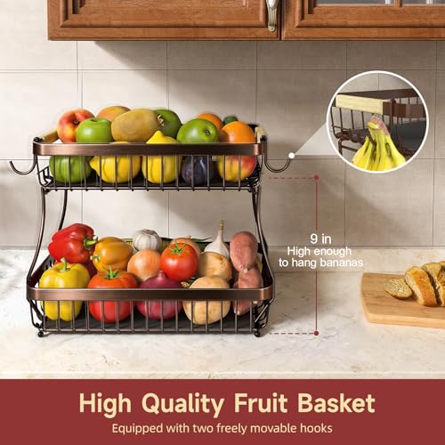 Sevenblue 2-Tier Fruit Basket with Banana Hangers, Detachable Metal Bowl | Wooden handle, protective mats included. Versatile holder for bread, snacks, and veggies. Extra Large 2 tier metal design. - color: Brown, size: 2 Tier Extra Large