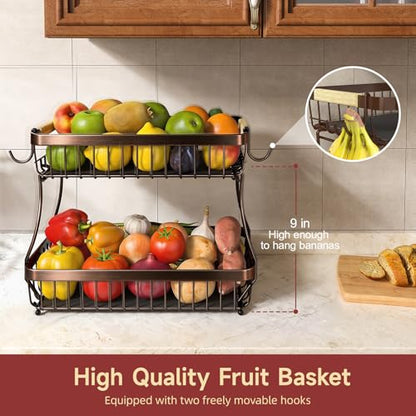Sevenblue 2-Tier Fruit Basket with Banana Hangers, Detachable Metal Bowl | Wooden handle, protective mats included. Versatile holder for bread, snacks, and veggies. Extra Large 2 tier metal design. - color: Brown, size: 2 Tier Extra Large