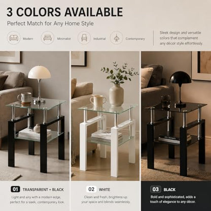 Meihua Tempered Glass End Table, Black Modern Square Side Table with Metal Frame, 2-Tier Glass Accent Table for Living Room, Bedroom, Apartment & Small Spaces - color: Black, size: 1pc