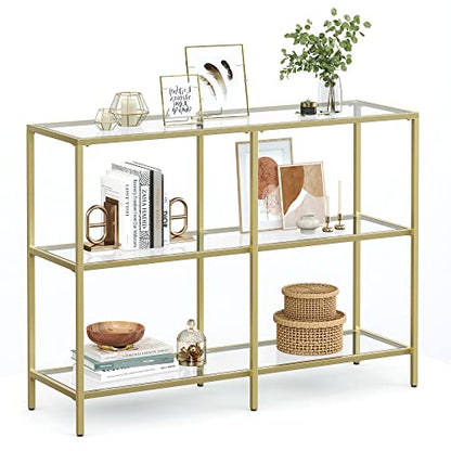 VASAGLE 39.4 Inch Console Table with 3 Shelves, Sofa Tables, Modern Entryway Table, Metal Frame, Tempered Glass Shelf, Entryway Living Room Bedroom, Metallic Gold and Transparent ULGT27G - color: Metallic Gold + Transparent, size: 39.4"W
