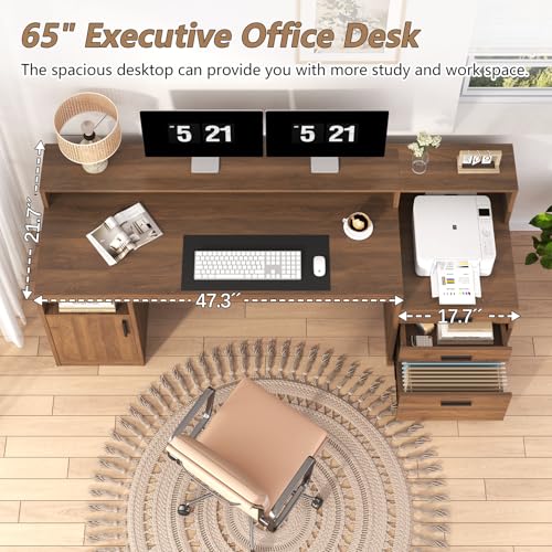 YOMILUVE Computer Desk with 3 Drawers & Storage Shelves, 65 Inch Home Office Desk with File Drawer & Cabinet, Writing Study Desks with Monitor Stand & Printer Shelf, Executive Desk, Brown - color: Brown