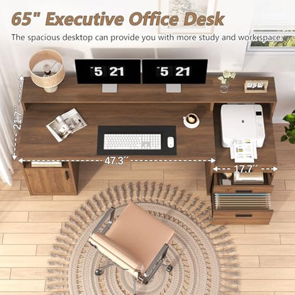 YOMILUVE Computer Desk with 3 Drawers & Storage Shelves, 65 Inch Home Office Desk with File Drawer & Cabinet, Writing Study Desks with Monitor Stand & Printer Shelf, Executive Desk, Brown - color: Brown