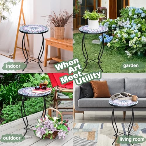 VCUTEKA Outdoor Side Table Mosaic End Table Patio Side Table Small End Tables Glass Top Round Balcony Coffee Porch Indoor Glass Top Flower 14'' - color: Flower