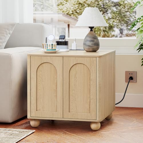 Samll Square Side Table with Charging Station, Mid Century Modern Nightstand with Storage for Bedroom Bed, Small Accent Table with Doors for Living Room Couch Sofa Chair, Office Desk - Natural - size: Natural-door