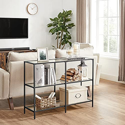 VASAGLE 39.4 Inch Console Table with 3 Shelves, Sofa Tables, Modern Entryway Table, Metal Frame, Tempered Glass Shelf, Entryway Living Room Bedroom, Classic Black and Transparent ULGT027B01 - color: Classic Black + Transparent, size: 39.4"W