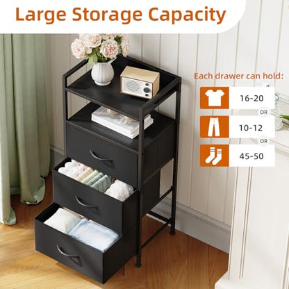 Somdot Nightstand with 3 Drawers, Dresser with Fabric Bins for Bedroom, Hallway, Entryway, Night Stand Bedside Table Furniture, Sturdy Steel Frame, Wooden Top, Easy Pull Fabric Bins, Black - color: Black, size: 11.4"D x 15.2"W x 30.6"H (3 Drawers)