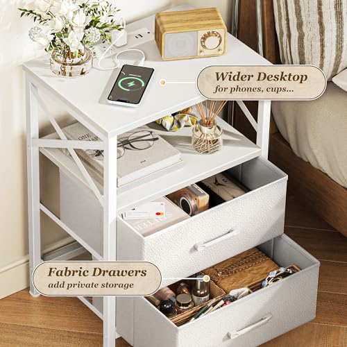 Huuger Nightstands Set of 2, Night Stand with Charger Station, 2 Drawer Side Table with Open Shelf, USB-C Port, End Table for Small Spaces, X Shaped Side Rail, White - color: White