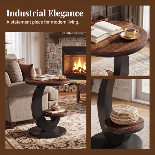 Tribesigns Round End Table with 2-Tier Shelf Storage,C Shaped Wood Side Table for Couch with Metal Frame,Modern Nightstand Accent Table for Living Room,Bedroom,Small Space (Brown) - color: Brown