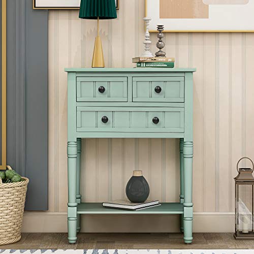MTHOUSE Solid Wood Narrow Console Table, Entryway Table for Hallway & Living Room, Slim Sofa Table with 3 Drawers & Shelf, Easy Assembly Storage Furniture (Retro Blue) - color: Retro Blue