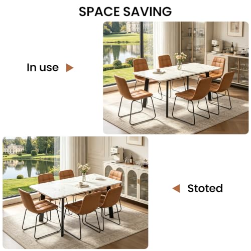 47.2"-63" Extendable Dining Room Table Set for 4-8 People, White | Removable Extension Leaf, Durable MDF Rectangle Tabletop, 6 Brown U-shaped PU Leather Chairs, Heavy Duty Modern Kitchen Table - color: 47.2'' - 63'' White Table+6 U Brown Chairs