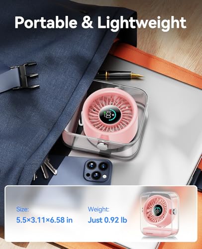 KIMMOO Rechargeable USB Desk Fan, Quiet Table Fan with Turbo Airflow, 100 Speeds, Digital Display, 90° Rotating, Small Battery Desktop Fans for Bedroom Home Office Travel, Pink - color: Pink