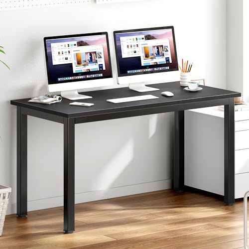 DlandHome 54.3 inch Large Computer Desk for Bedroom, Black | Decent Steady Home Office Desk, Writing Study Craft Work Table, Sturdy Metal Frame, Adjustable Feet, Modern Simple Design - color: Black Walnut + Black, size: 54.3 inch