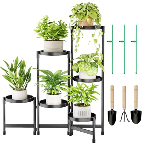 Cawukege 6 Tier Plant Stand Indoor, Tiered Plant Stand Outdoor for Multiple Plants, Corner Plant Shelf for Patio Balcony Porch Garden Living Room House, Black